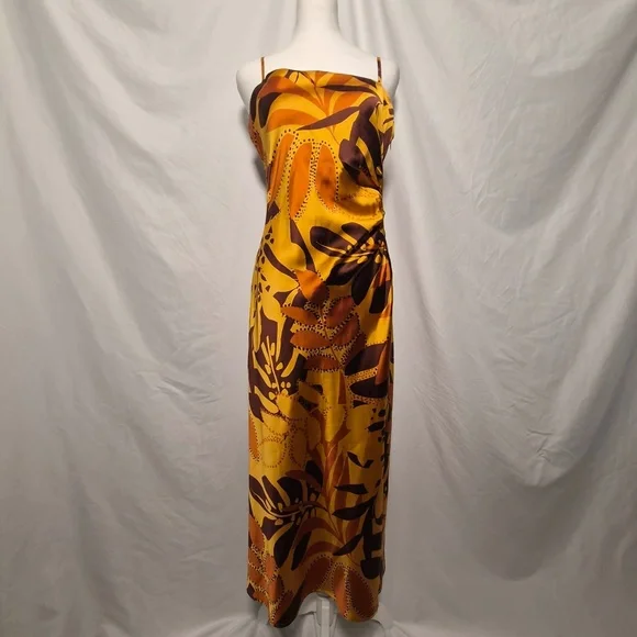 House of Harlow 1960 Ruched Side Satin Slip Coastal Maxi Dress Foliage Print M - Picture 6 of 14